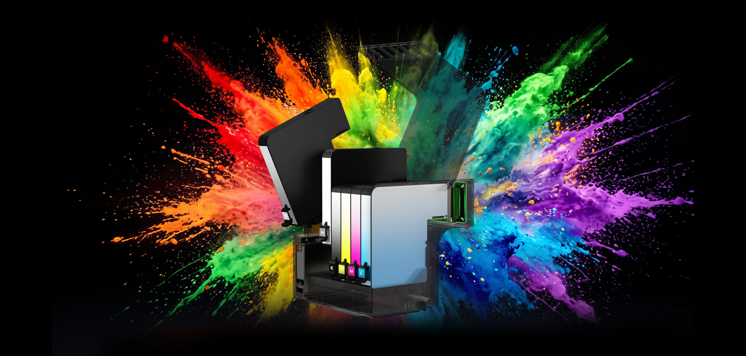 Six-channel UV cartridge with a full-color powder background
